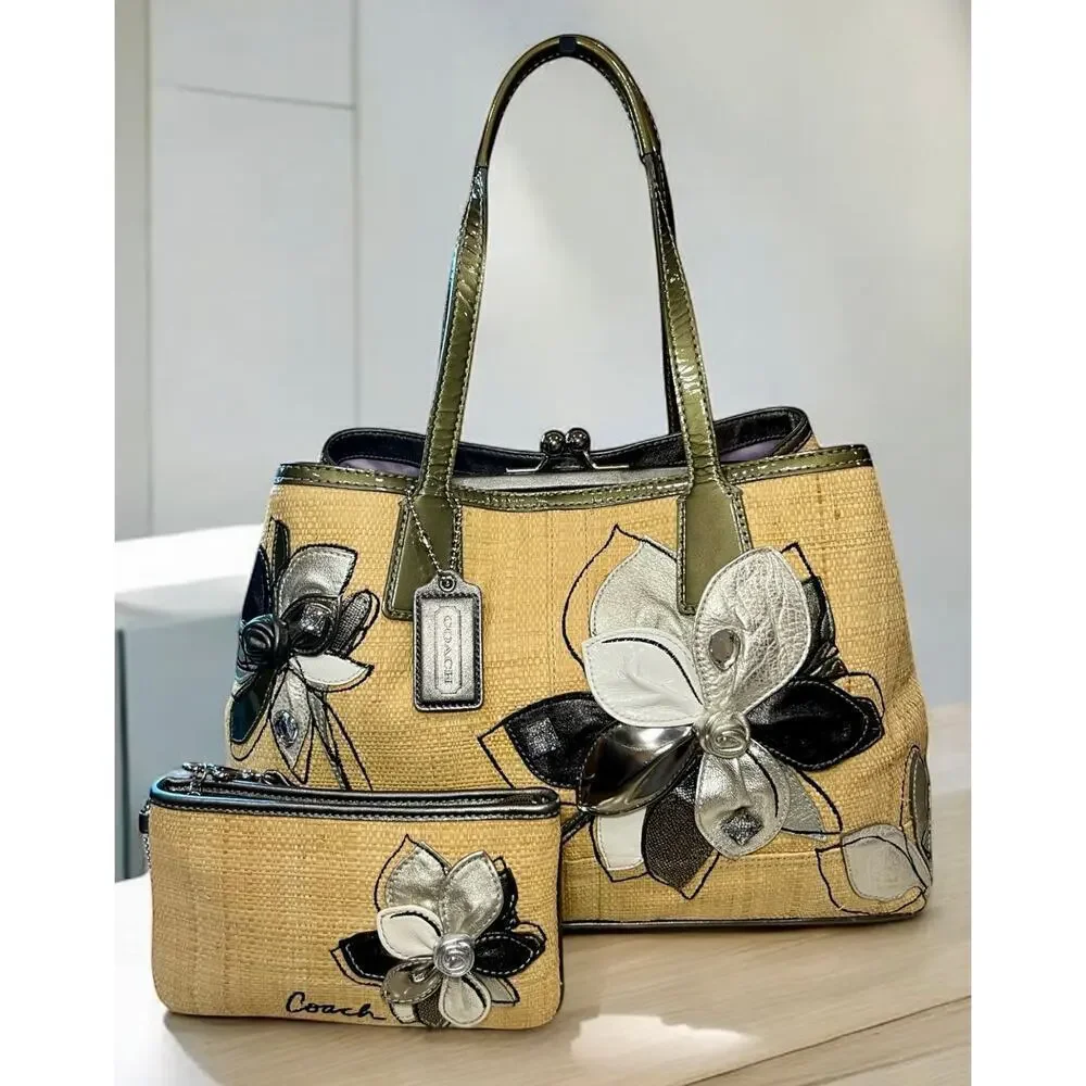 Y2K Coach 13531 Hamptons Archive 10th Anniversary Straw Floral Bag & Wristlet